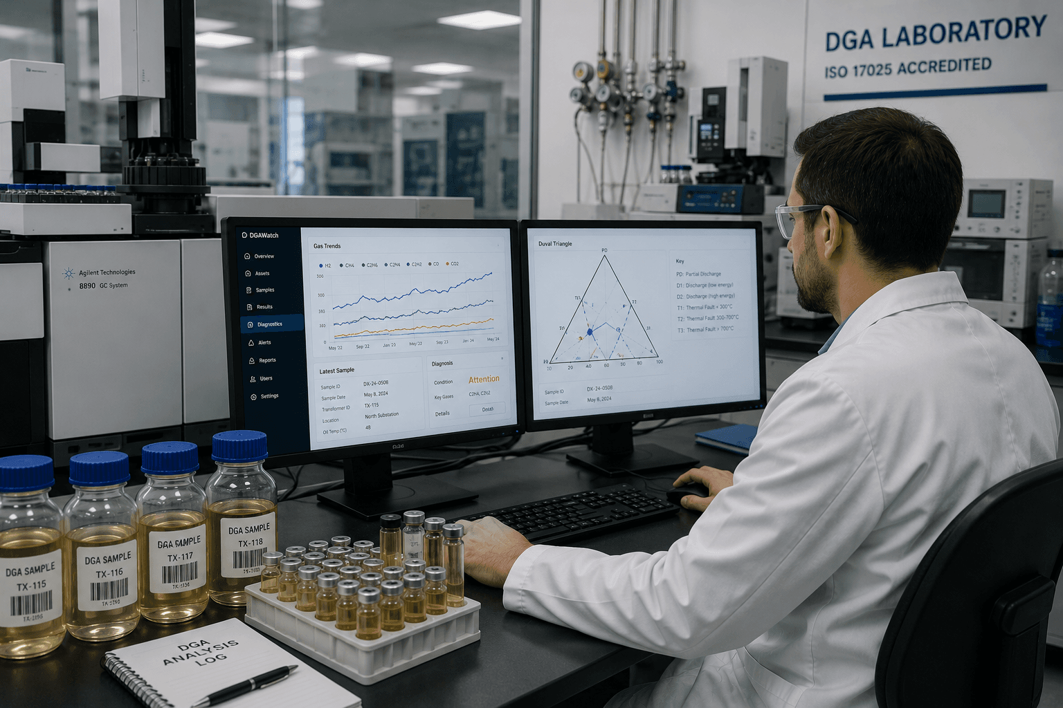 Laboratory oil analysis workspace with analytical equipment