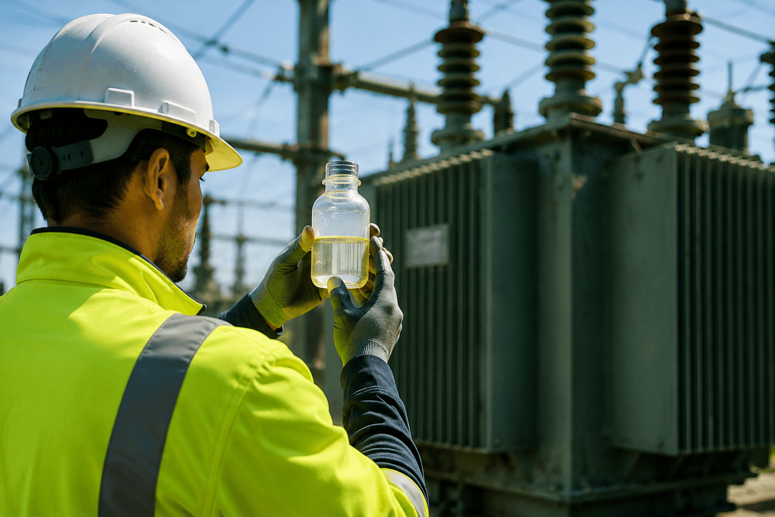 Field technician collecting transformer oil sample in a utility environment